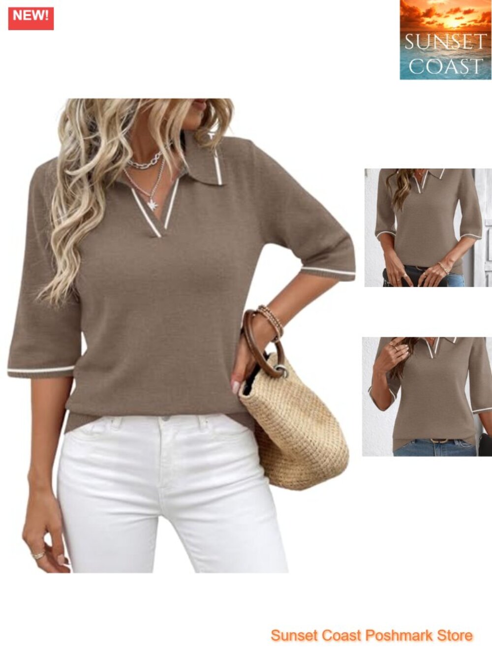 Rapbin Womens 3/4 Sleeve Polo Sweater Ribbed Knit Pullover Collared Business